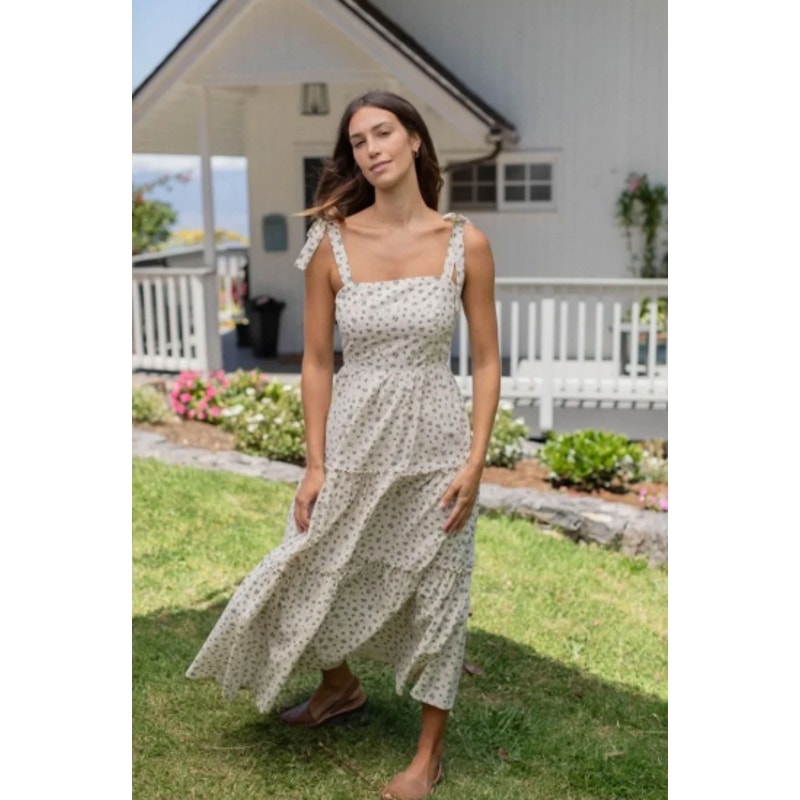 Tie-Strap Floral Midi Dress In Cream